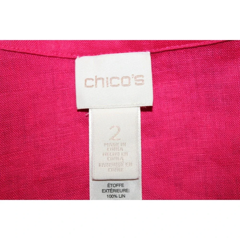 Chico's Size 2 Pink Linen Embroidered Cutwork Jacket Open Front 3/4 Sleeve